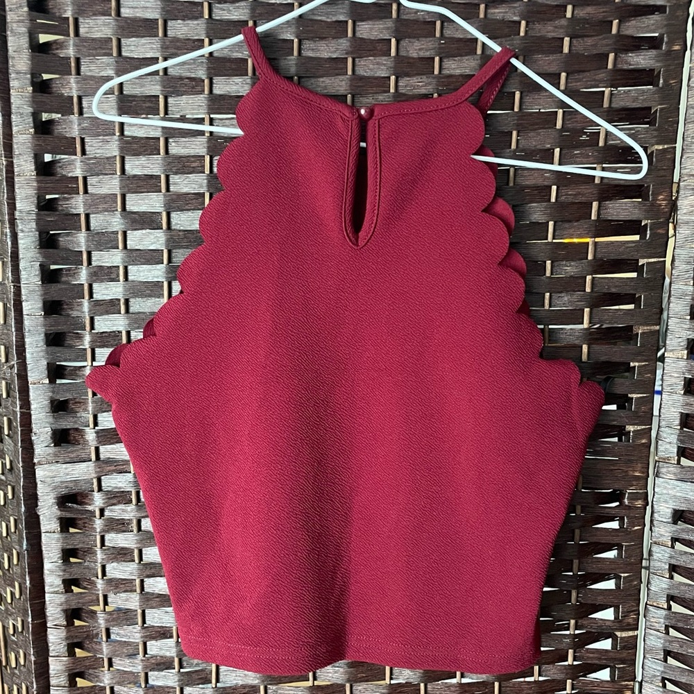 Maroon Sleeveless Halter Crop Top with Scallops - Size Juniors Large